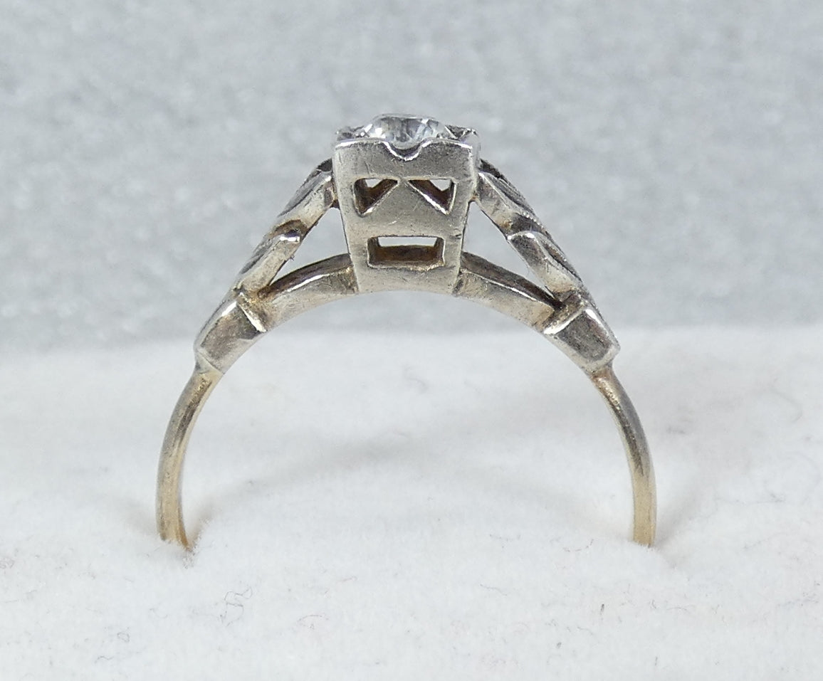 Antique Art Deco 9ct Yellow Gold & Silver White Topaz Dress Ring Size 6.5 M 52