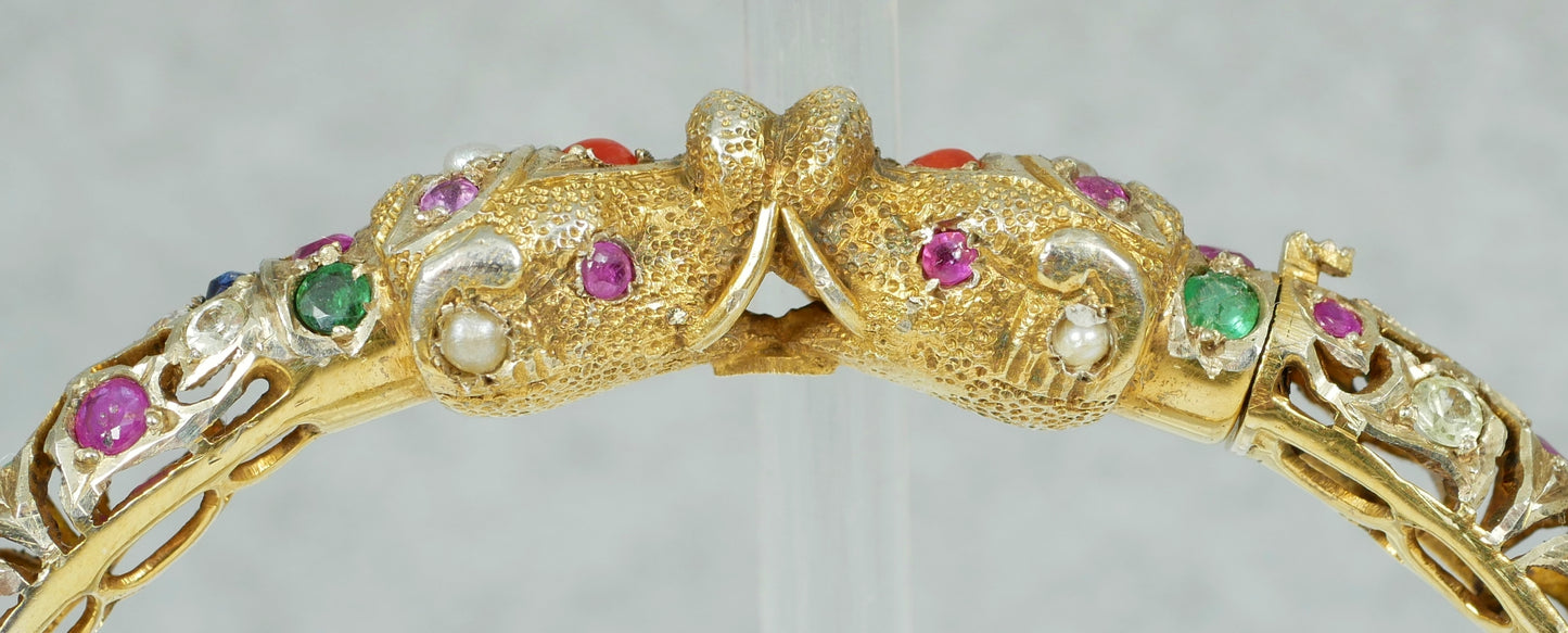 Vintage Indian Mughal Solid 9ct Yellow Gold & Precious Gemstone Bangle Elephant