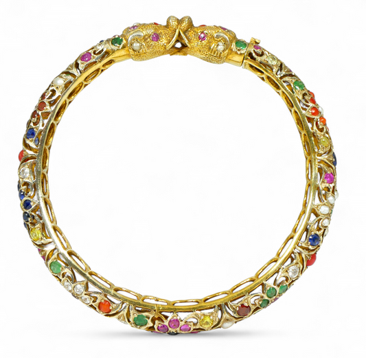 Vintage Indian Mughal Solid 9ct Yellow Gold & Precious Gemstone Bangle Elephant