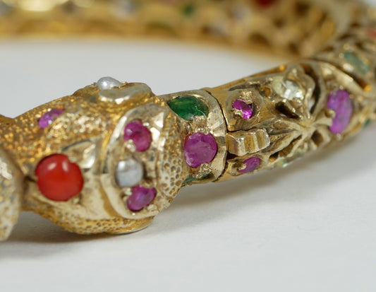 Vintage Indian Mughal Solid 9ct Yellow Gold & Precious Gemstone Bangle Elephant