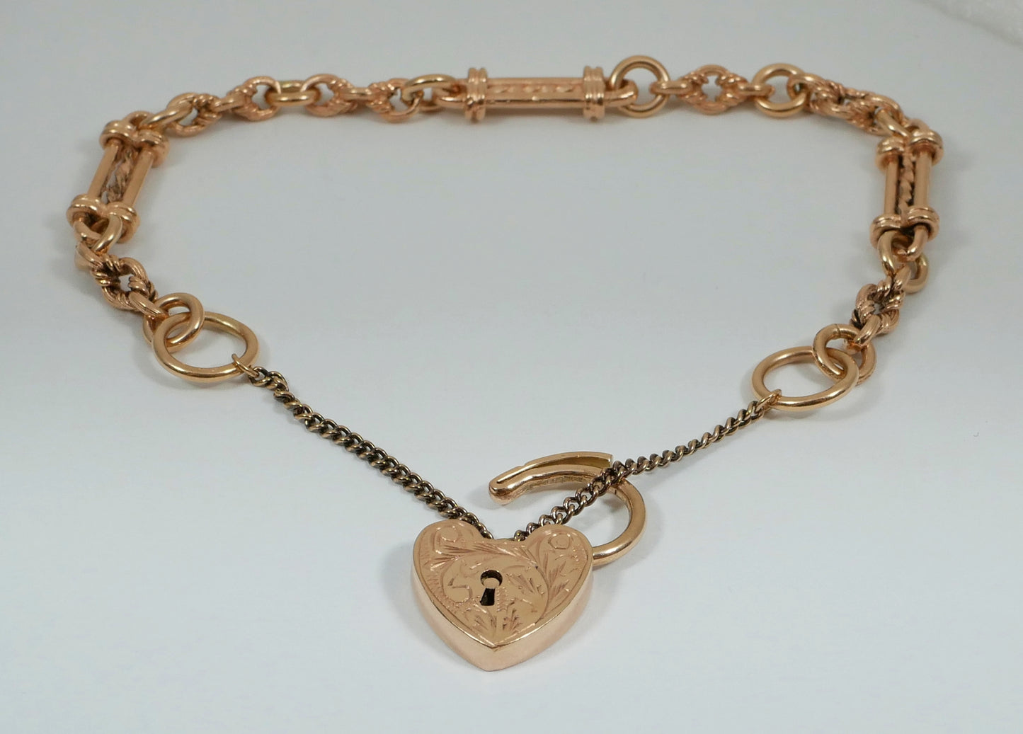 Antique Style 9ct Rose Gold 19cm 7.5" Fancy Albert Chain Bracelet Padlock Clasp