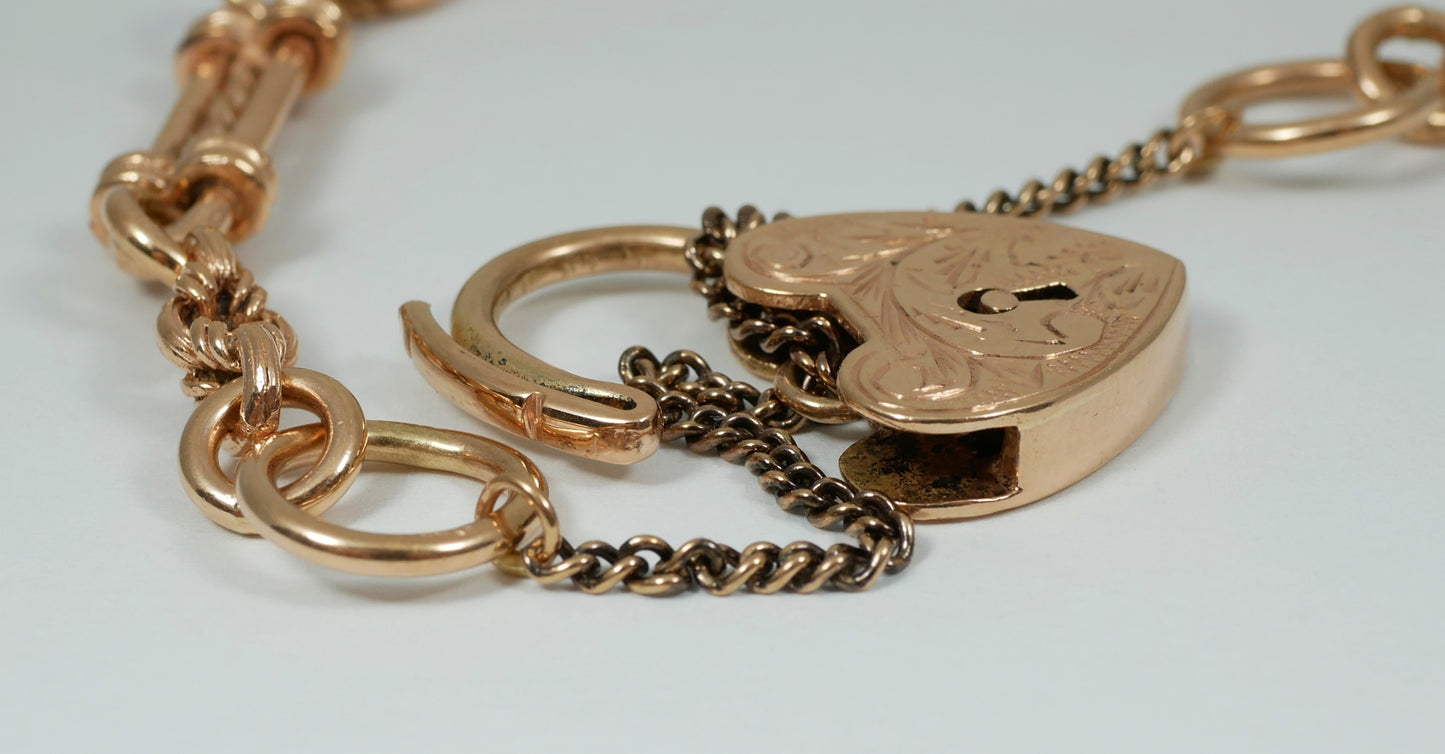 Antique Style 9ct Rose Gold 19cm 7.5" Fancy Albert Chain Bracelet Padlock Clasp