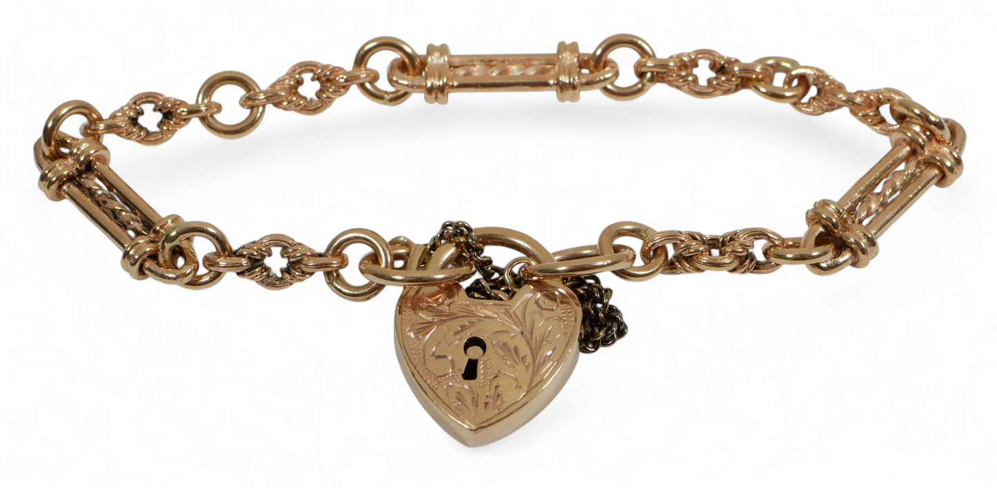 Antique Style 9ct Rose Gold 19cm 7.5" Fancy Albert Chain Bracelet Padlock Clasp