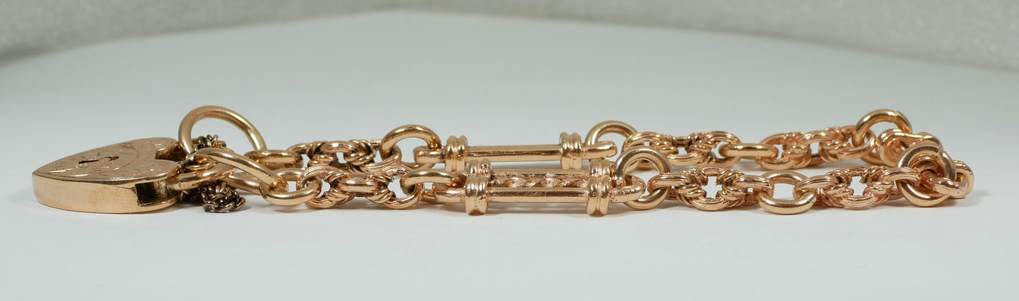 Antique Style 9ct Rose Gold 19cm 7.5" Fancy Albert Chain Bracelet Padlock Clasp