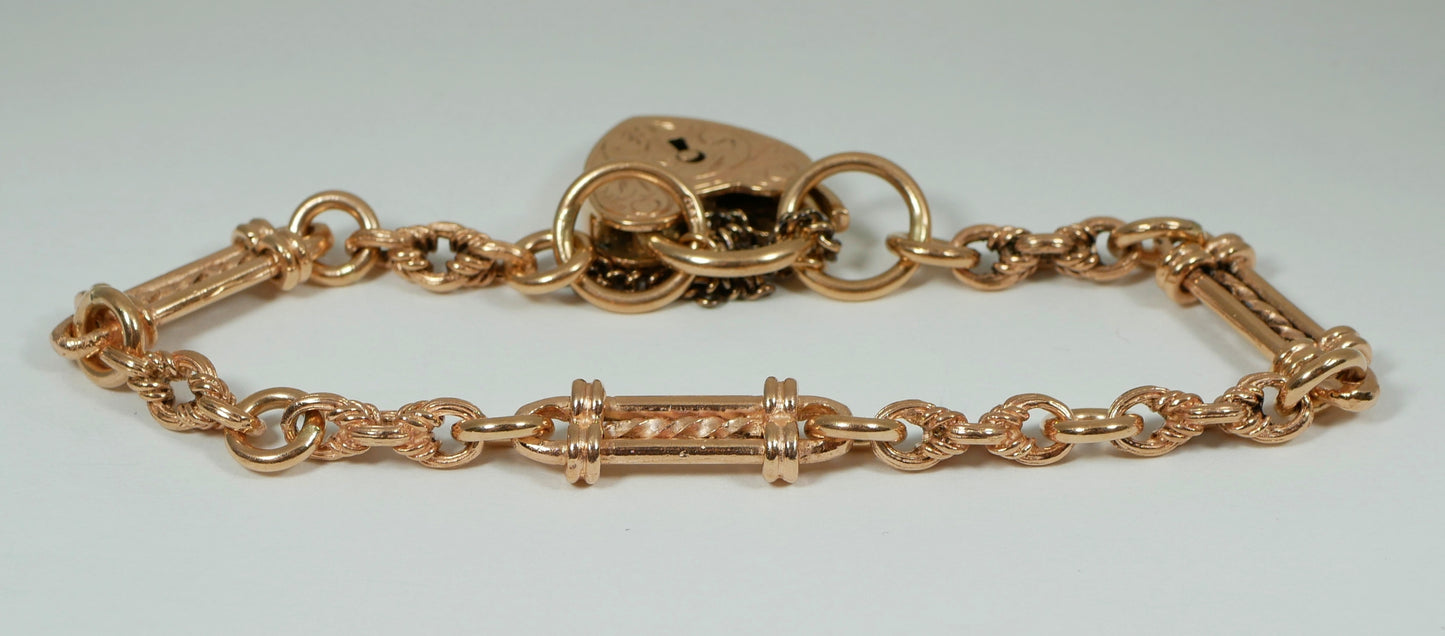 Antique Style 9ct Rose Gold 19cm 7.5" Fancy Albert Chain Bracelet Padlock Clasp