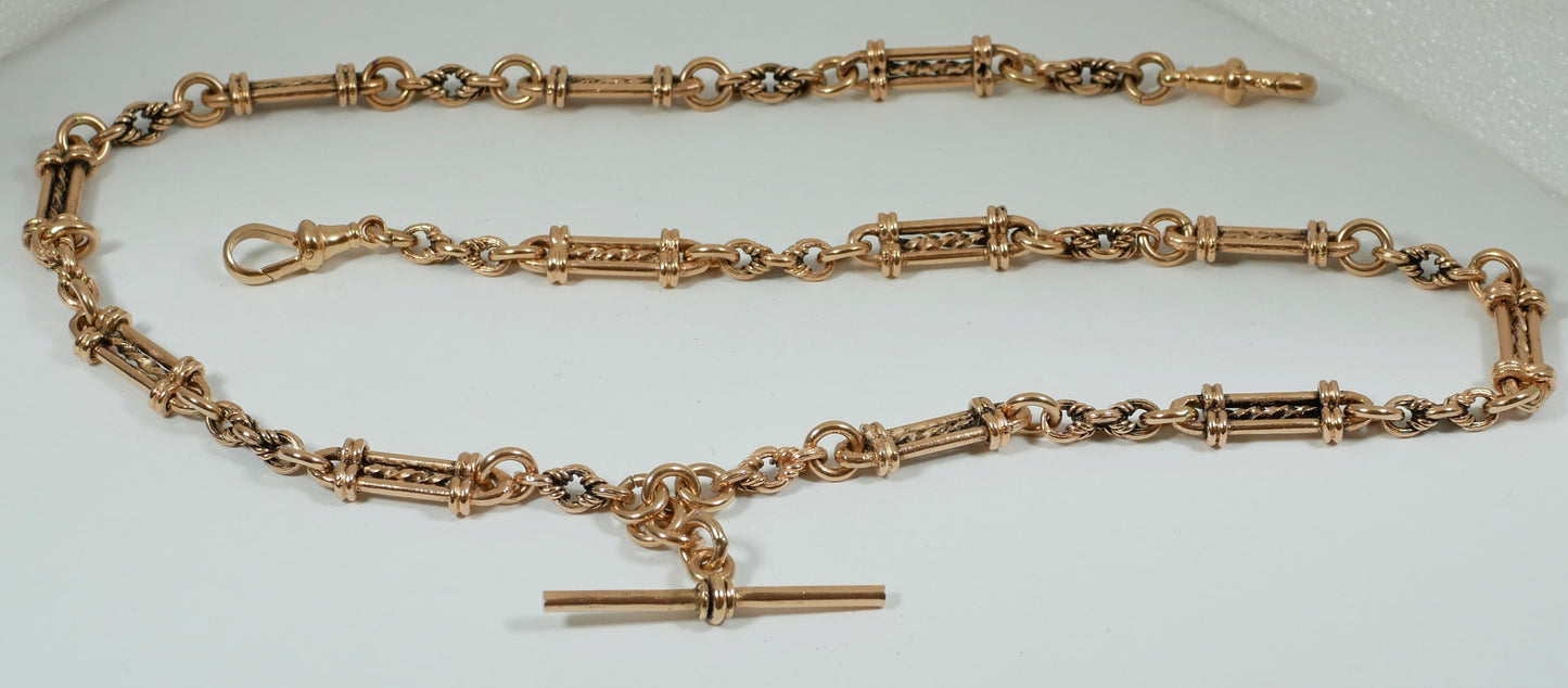 Antique Style Solid 9ct Rose Gold 58cm 23" Fancy Albert Necklace Chain T Bar 61g