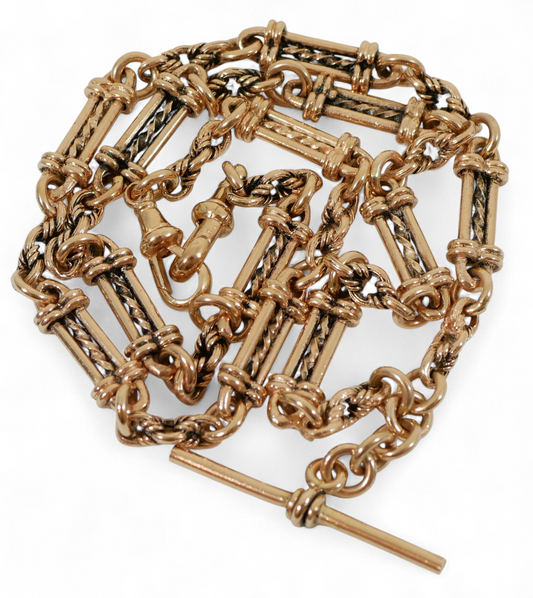 Antique Style Solid 9ct Rose Gold 58cm 23" Fancy Albert Necklace Chain T Bar 61g