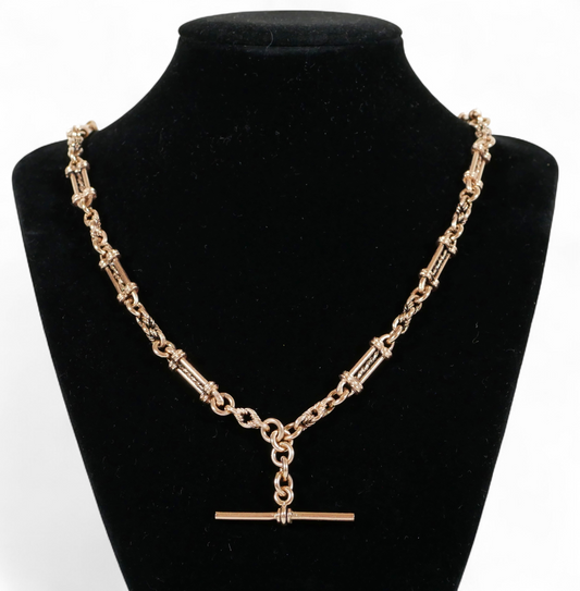 Antique Style Solid 9ct Rose Gold 58cm 23" Fancy Albert Necklace Chain T Bar 61g