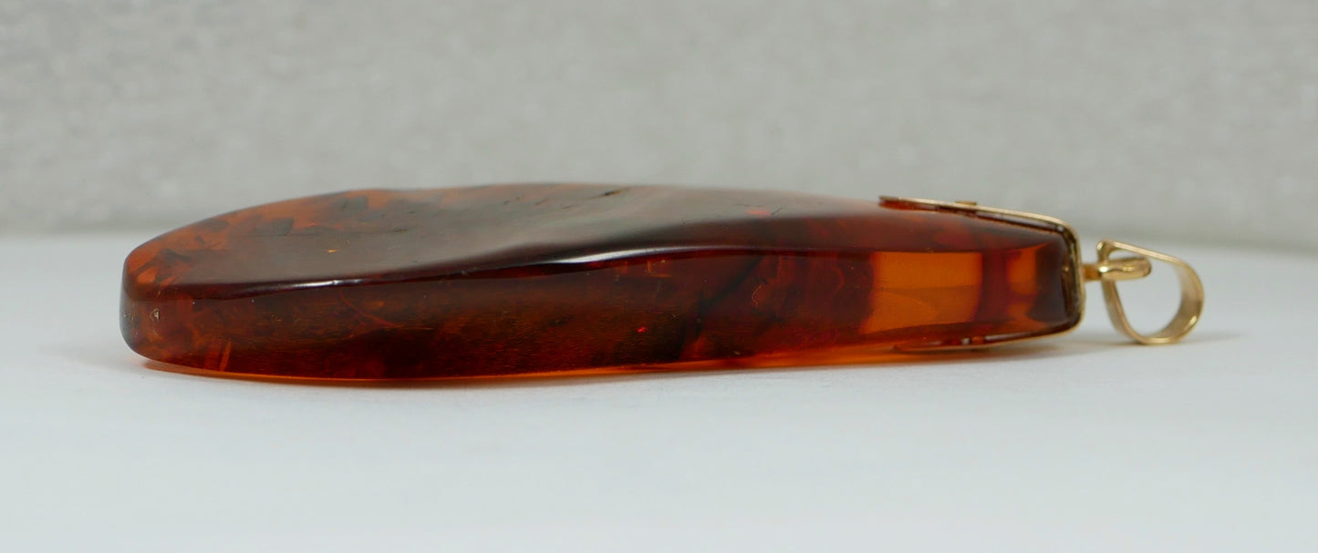 Solid 14ct Yellow Gold Large 57mm Freeform Baltic Amber Necklace Pendant 8gm 585