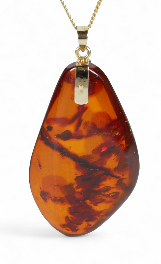 Solid 14ct Yellow Gold Large 57mm Freeform Baltic Amber Necklace Pendant 8gm 585