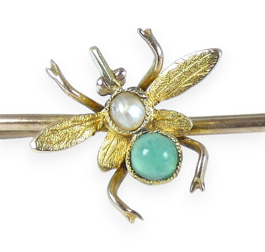 Antique Vintage 9ct Yellow Gold Seed Pearl & Moonstone Bug Fly Insect Bar Brooch