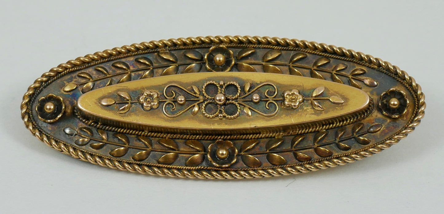 Antique 1890 Victorian Solid 15ct Yellow Gold Etruscan Revival Brooch Pin Flower
