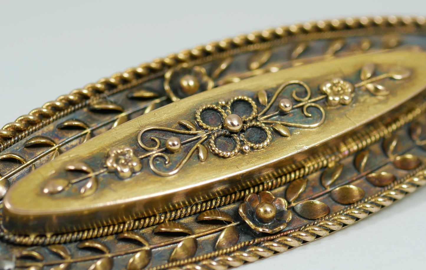 Antique 1890 Victorian Solid 15ct Yellow Gold Etruscan Revival Brooch Pin Flower
