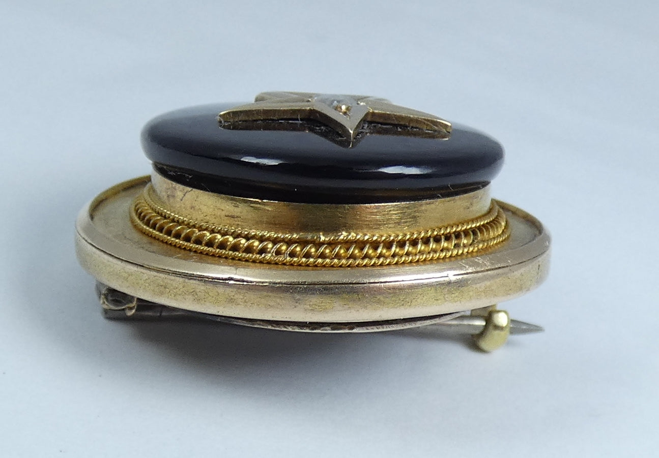 Antique Victorian 15ct Yellow Gold Onyx 3mm Rose Cut Diamond Star Locket Brooch