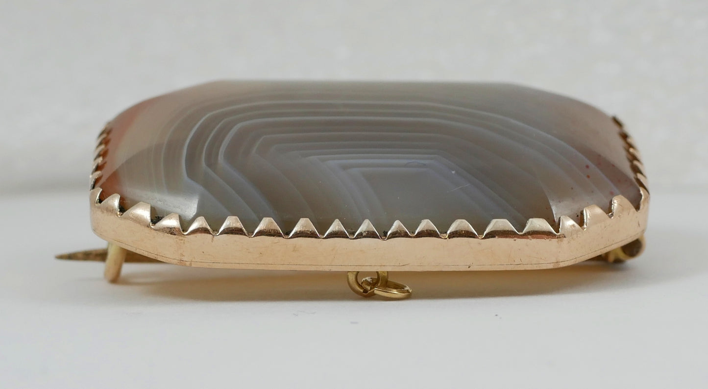 Antique Edwardian F A Flint Australian Solid 9ct Yellow Gold Banded Agate Brooch