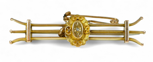 Antique Edwardian 1910 Heavy Solid 15ct Yellow Gold & Diamond Triple Brooch 9gm