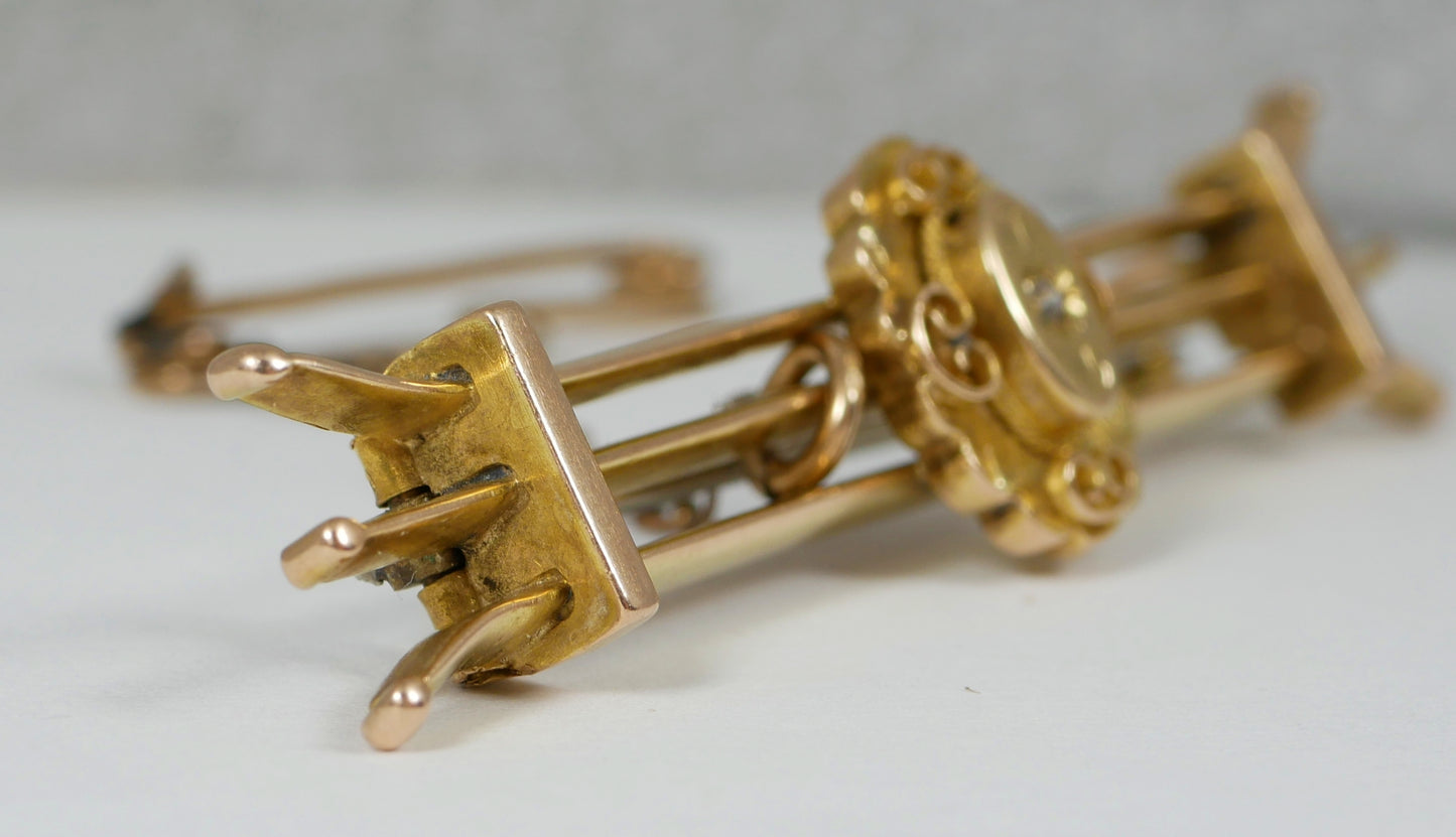 Antique Edwardian 1910 Heavy Solid 15ct Yellow Gold & Diamond Triple Brooch 9gm