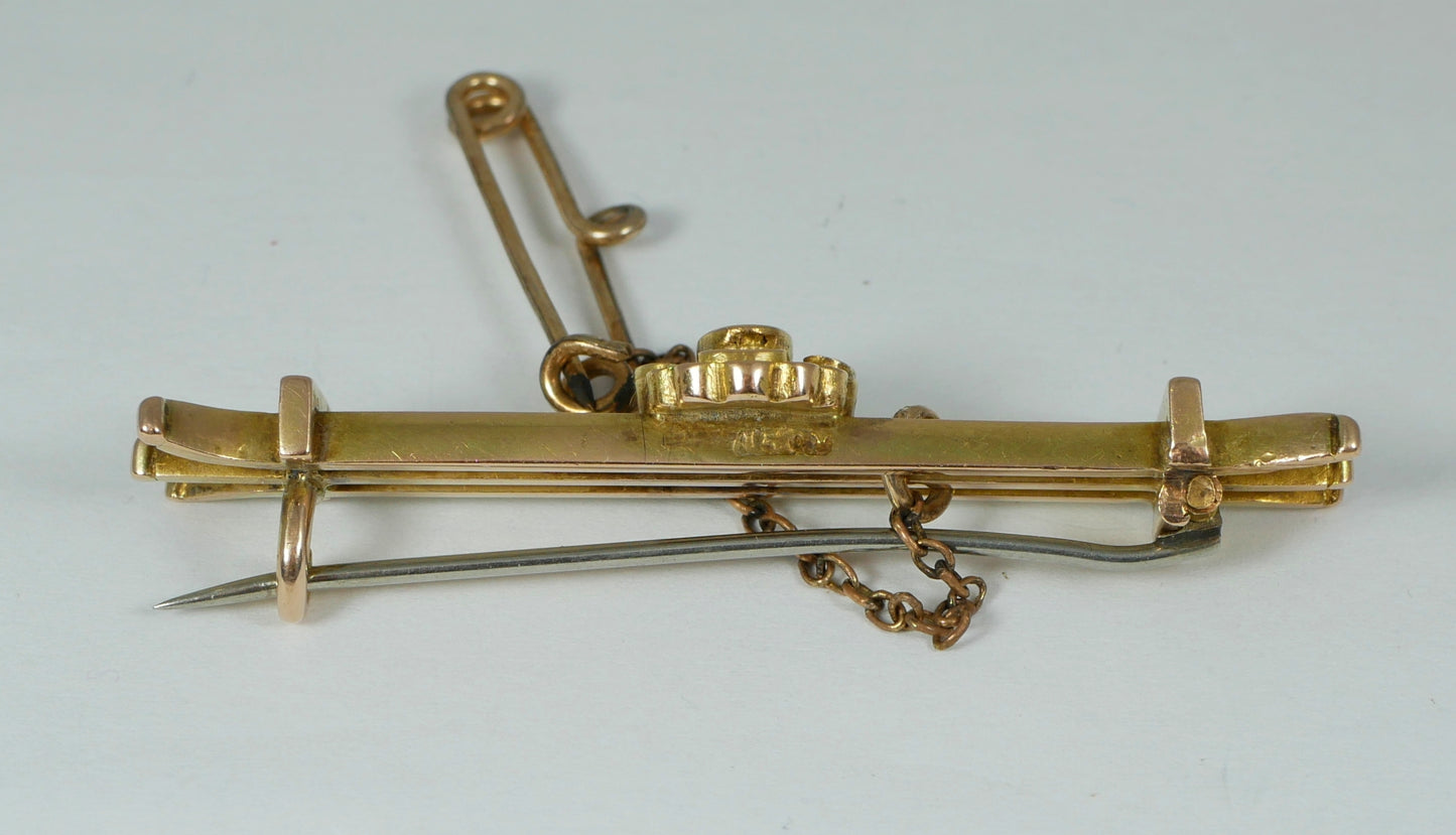 Antique Edwardian 1910 Heavy Solid 15ct Yellow Gold & Diamond Triple Brooch 9gm