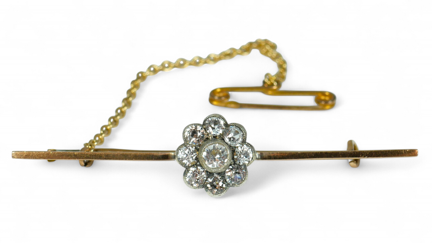 Antique Edwardian 1910 Solid 15ct Yellow Gold & White Sapphire Daisy Brooch Pin