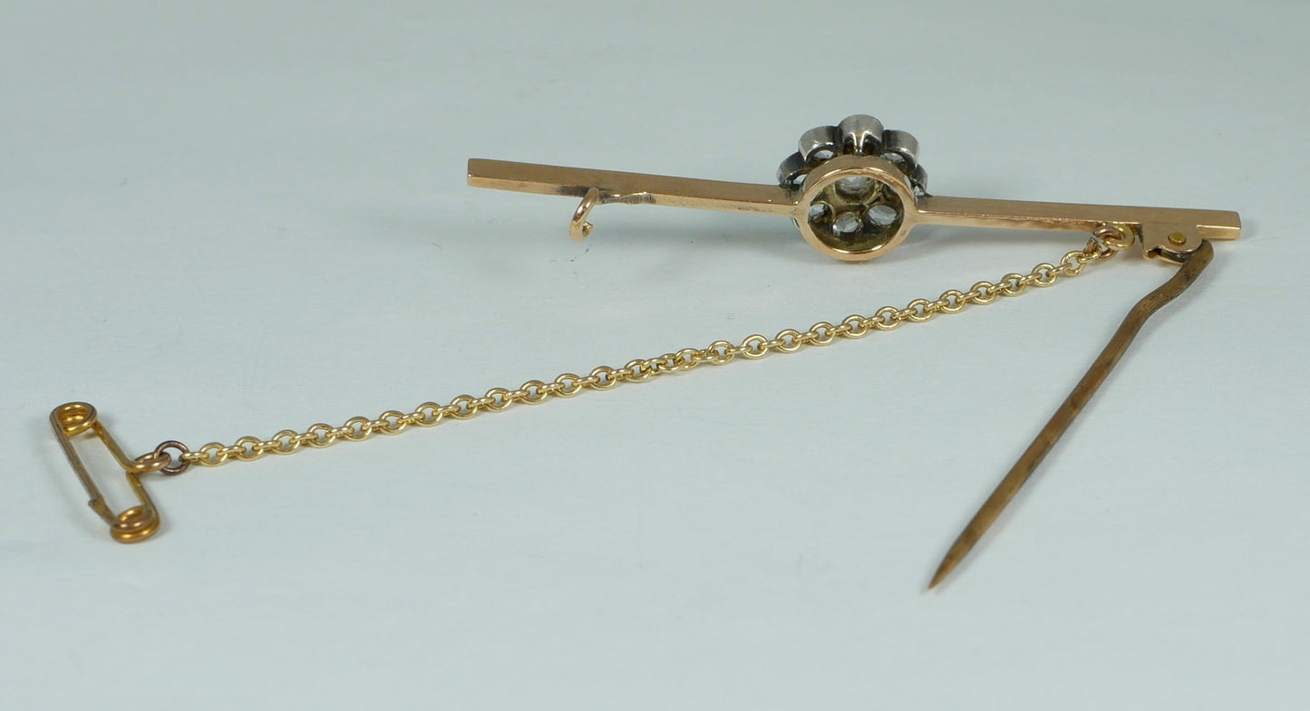 Antique Edwardian 1910 Solid 15ct Yellow Gold & White Sapphire Daisy Brooch Pin