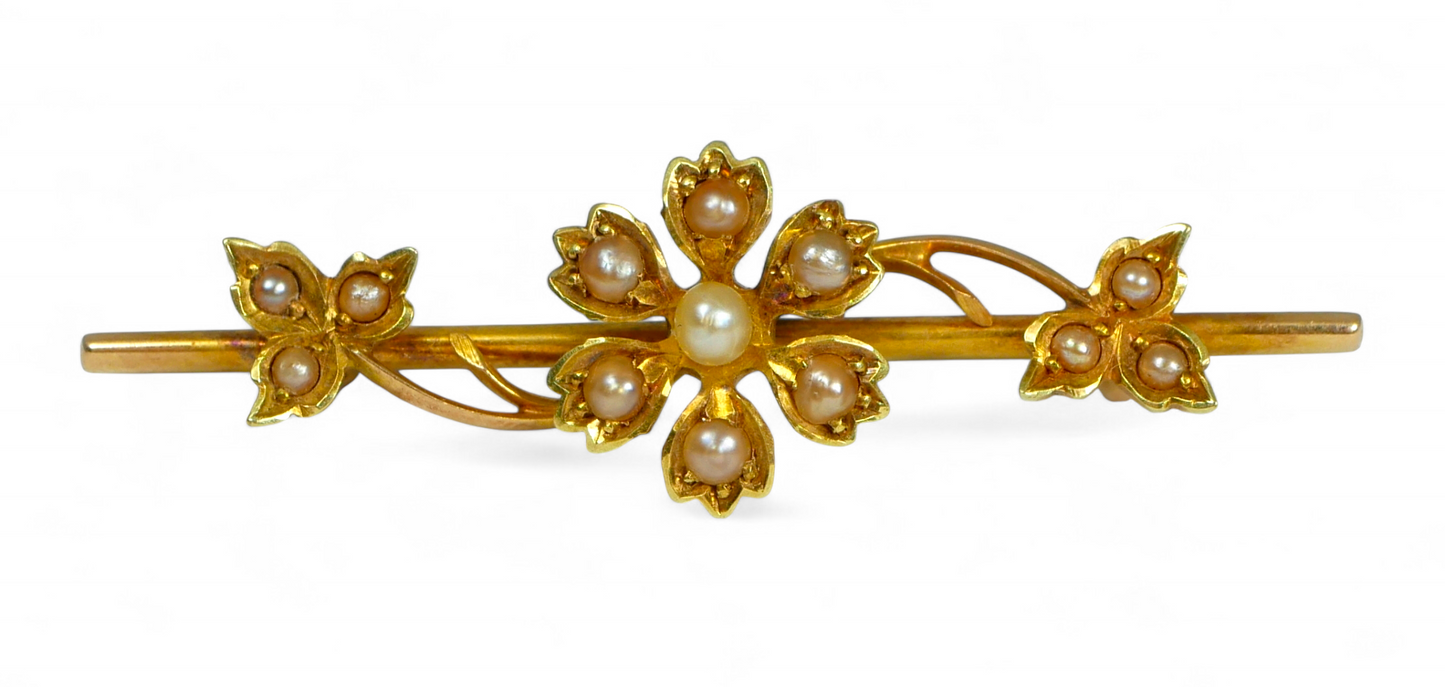 Antique Art Deco 1925 Solid 15ct Yellow Gold & Seed Pearl Cluster Flower Brooch