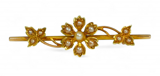 Antique Art Deco 1925 Solid 15ct Yellow Gold & Seed Pearl Cluster Flower Brooch