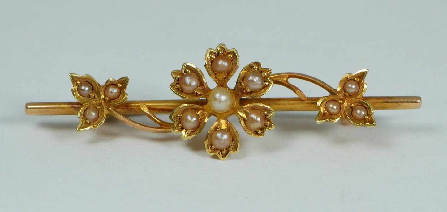 Antique Art Deco 1925 Solid 15ct Yellow Gold & Seed Pearl Cluster Flower Brooch