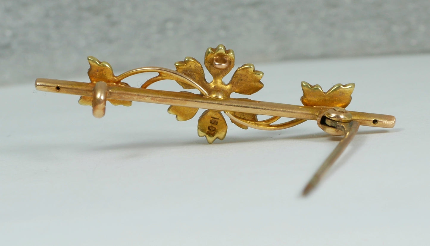 Antique Art Deco 1925 Solid 15ct Yellow Gold & Seed Pearl Cluster Flower Brooch