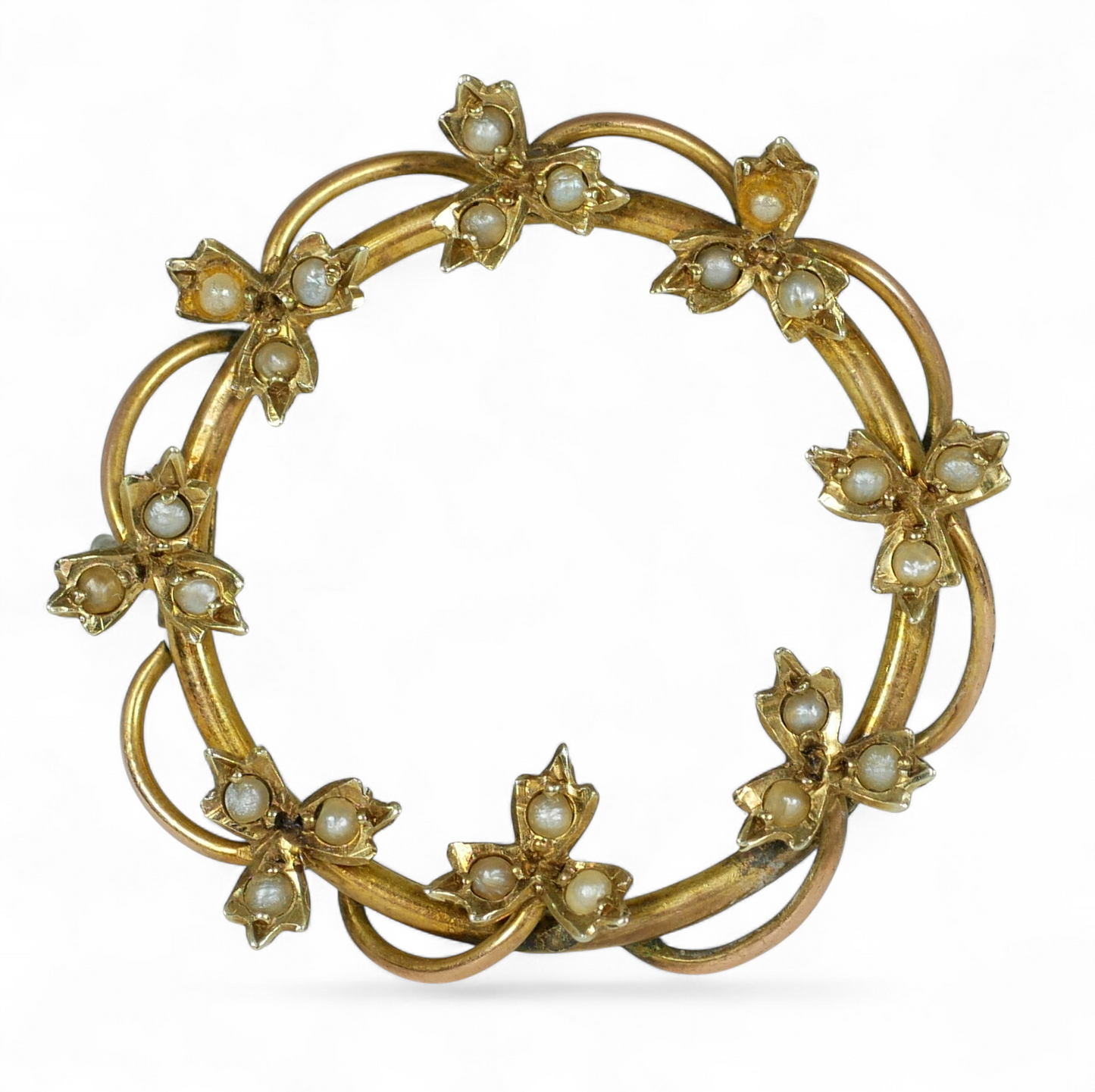 Antique Art Deco 1925 Solid 9ct Yellow Gold & Seed Pearl Ring Wreath Brooch Pin