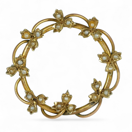Antique Art Deco 1925 Solid 9ct Yellow Gold & Seed Pearl Ring Wreath Brooch Pin