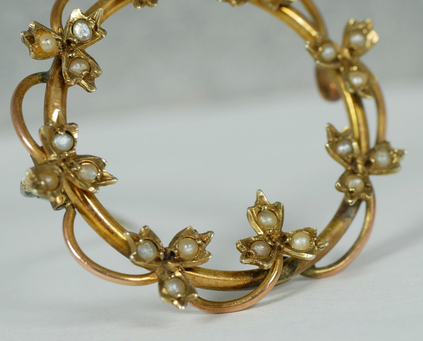 Antique Art Deco 1925 Solid 9ct Yellow Gold & Seed Pearl Ring Wreath Brooch Pin