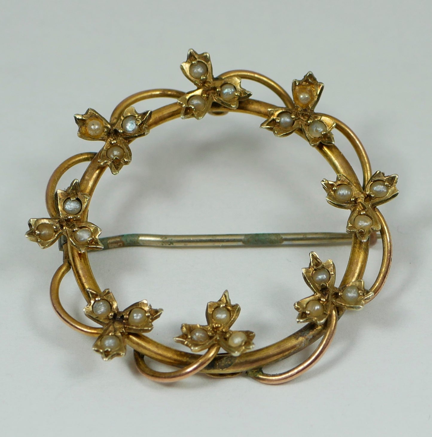 Antique Art Deco 1925 Solid 9ct Yellow Gold & Seed Pearl Ring Wreath Brooch Pin