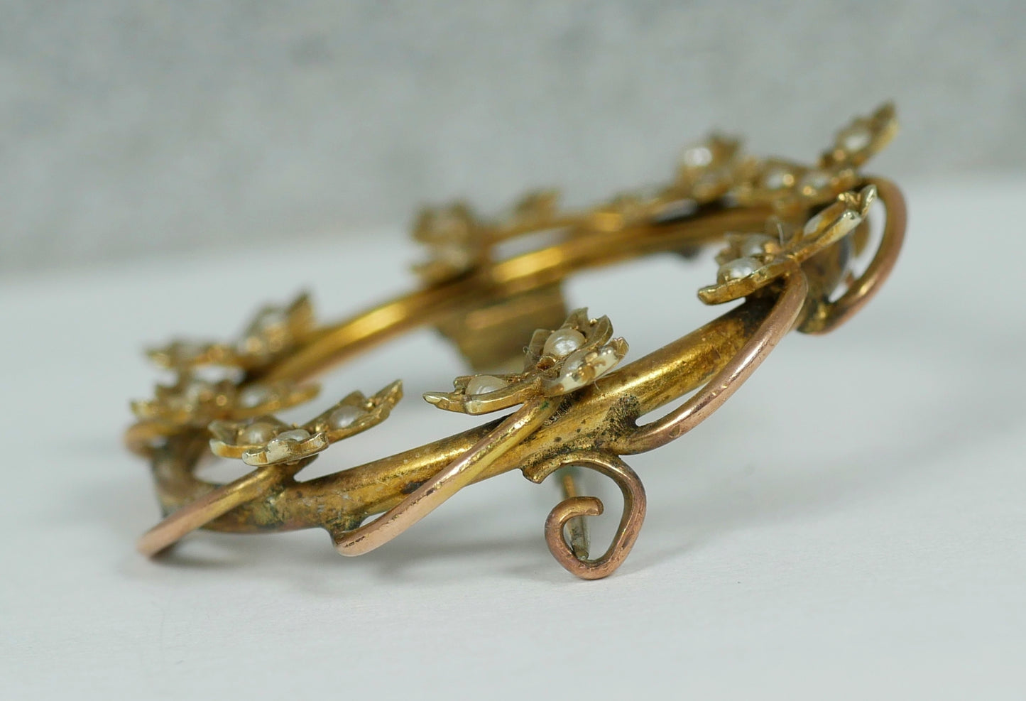 Antique Art Deco 1925 Solid 9ct Yellow Gold & Seed Pearl Ring Wreath Brooch Pin