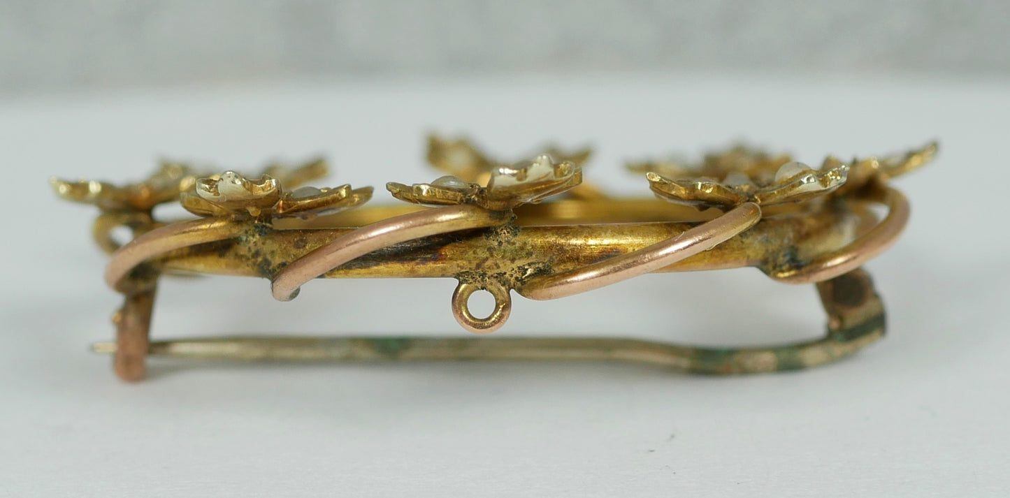 Antique Art Deco 1925 Solid 9ct Yellow Gold & Seed Pearl Ring Wreath Brooch Pin