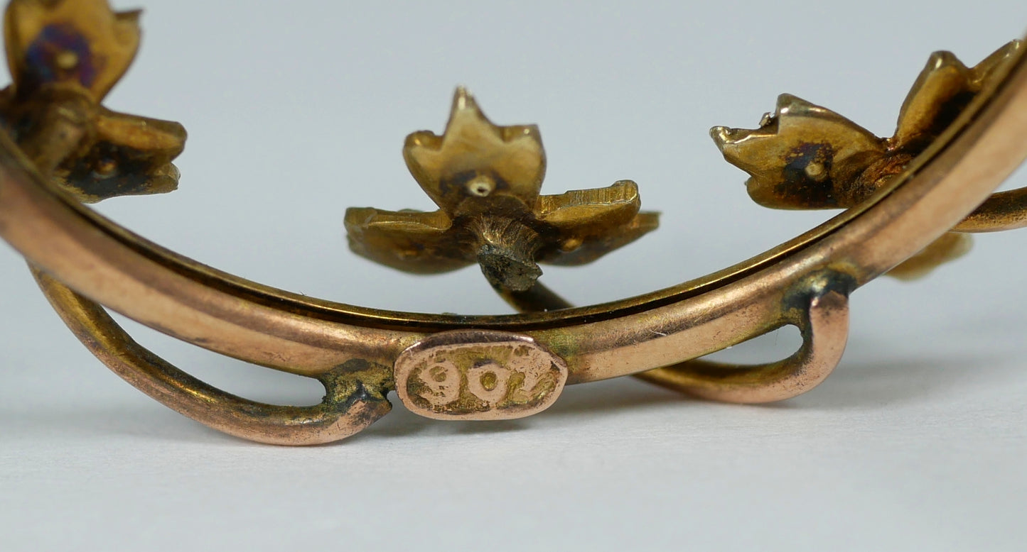 Antique Art Deco 1925 Solid 9ct Yellow Gold & Seed Pearl Ring Wreath Brooch Pin