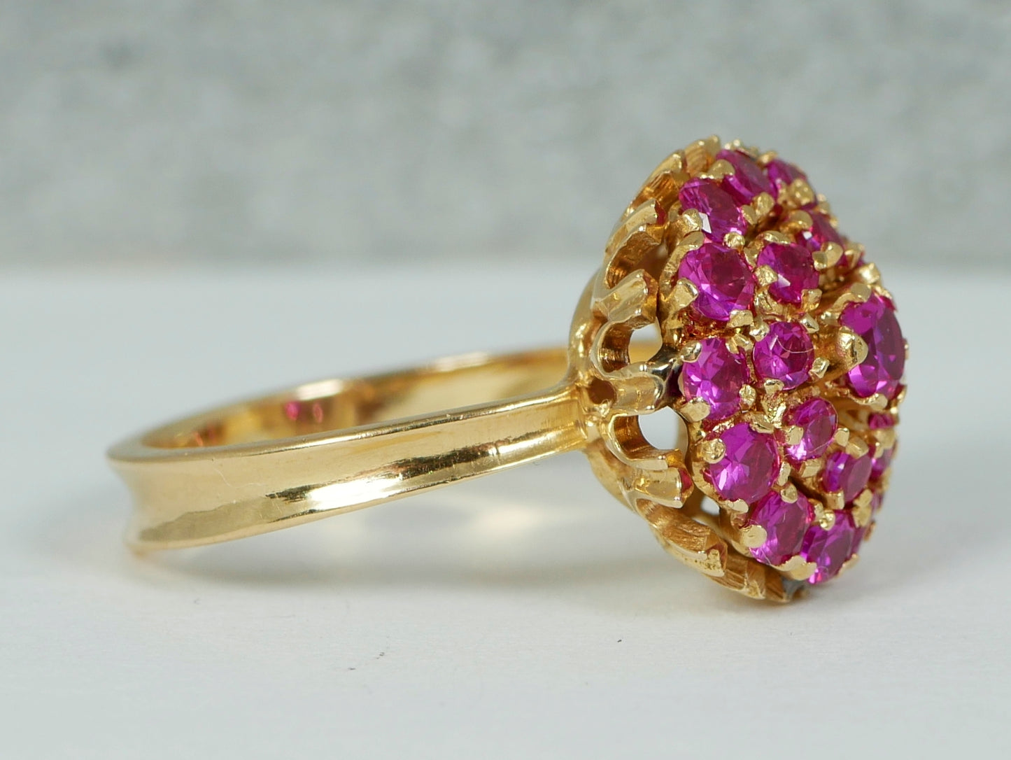 Solid 18ct Yellow Gold Pink Sapphire Cluster Princess Cocktail Ring Size 6 L 51