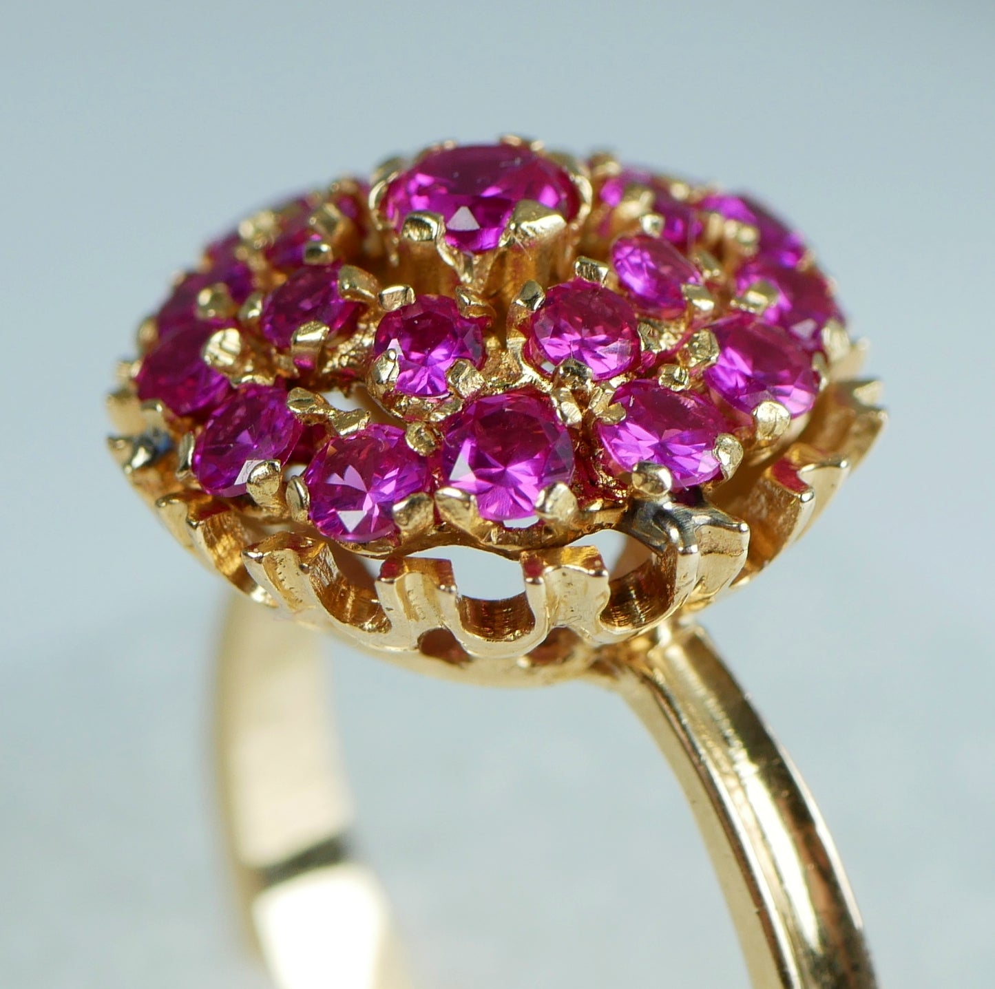 Solid 18ct Yellow Gold Pink Sapphire Cluster Princess Cocktail Ring Size 6 L 51