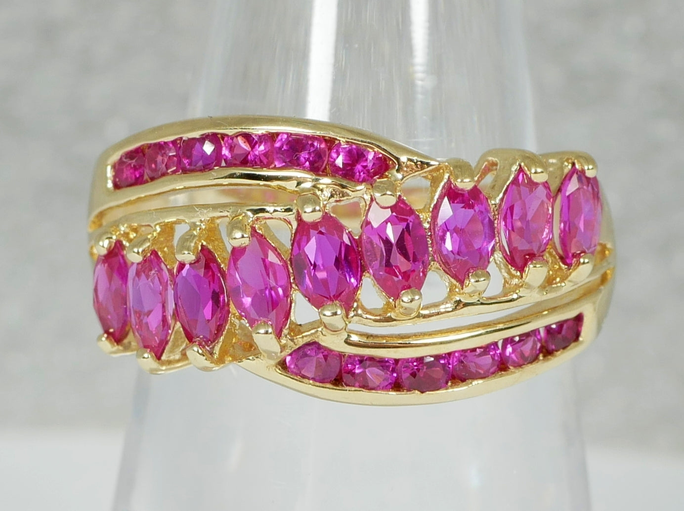 Solid 9ct Yellow Gold Pink Sapphire Cluster Crossover Dress Ring Size 7.5 O 55