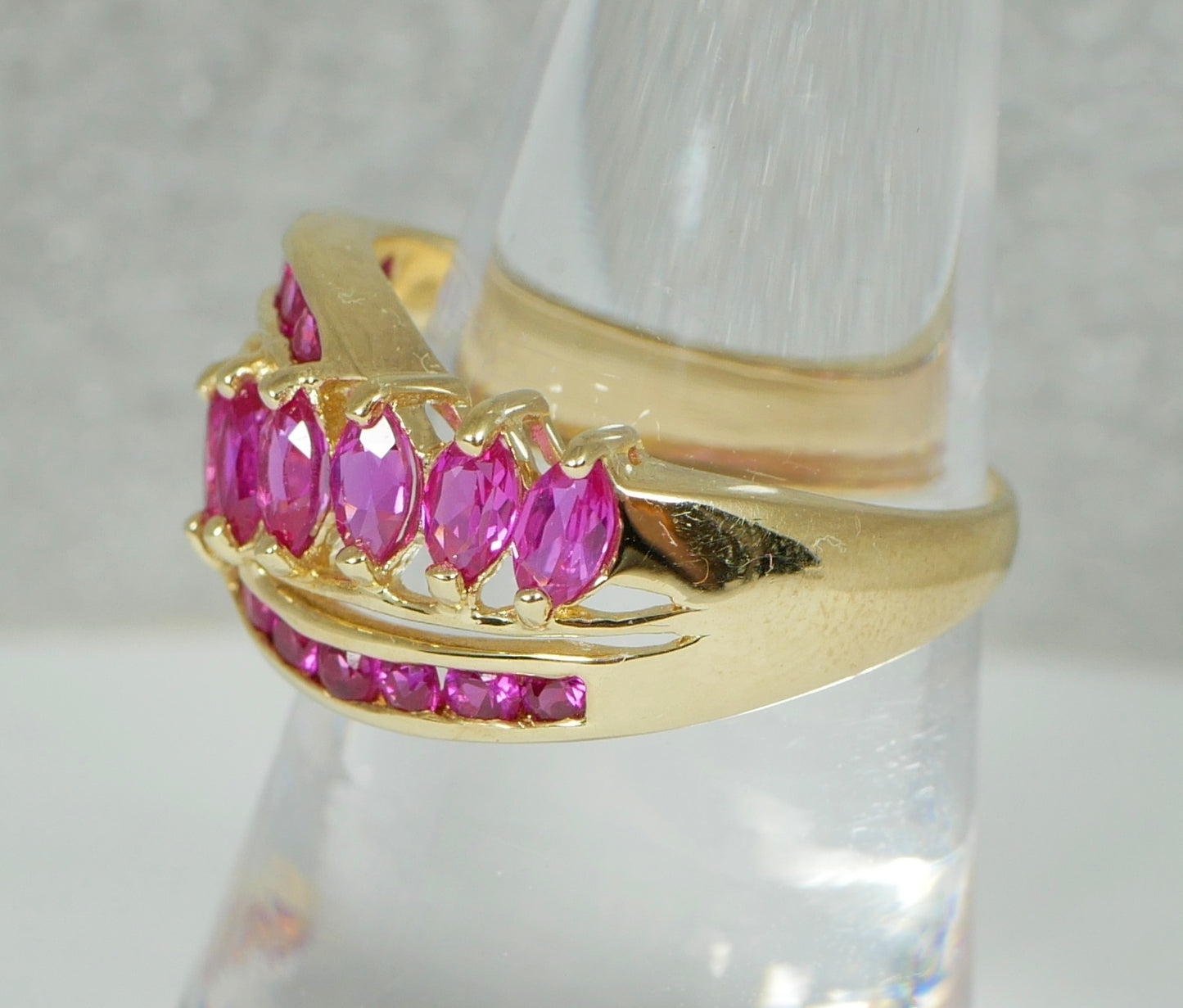Solid 9ct Yellow Gold Pink Sapphire Cluster Crossover Dress Ring Size 7.5 O 55