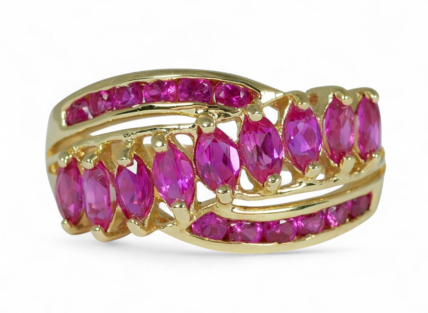 Solid 9ct Yellow Gold Pink Sapphire Cluster Crossover Dress Ring Size 7.5 O 55