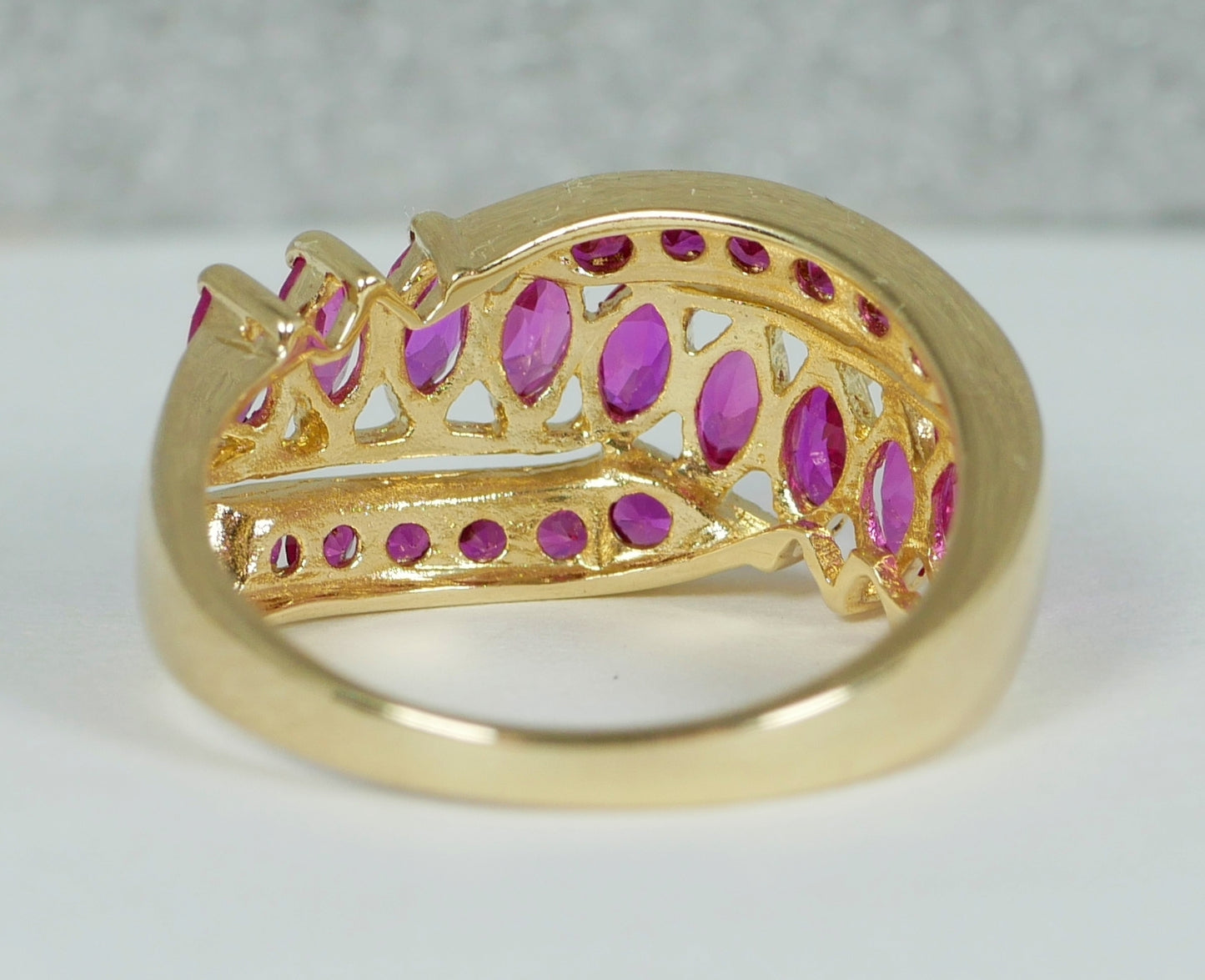 Solid 9ct Yellow Gold Pink Sapphire Cluster Crossover Dress Ring Size 7.5 O 55