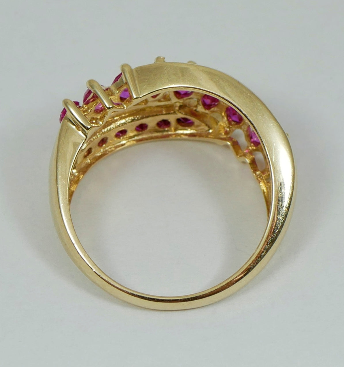 Solid 9ct Yellow Gold Pink Sapphire Cluster Crossover Dress Ring Size 7.5 O 55