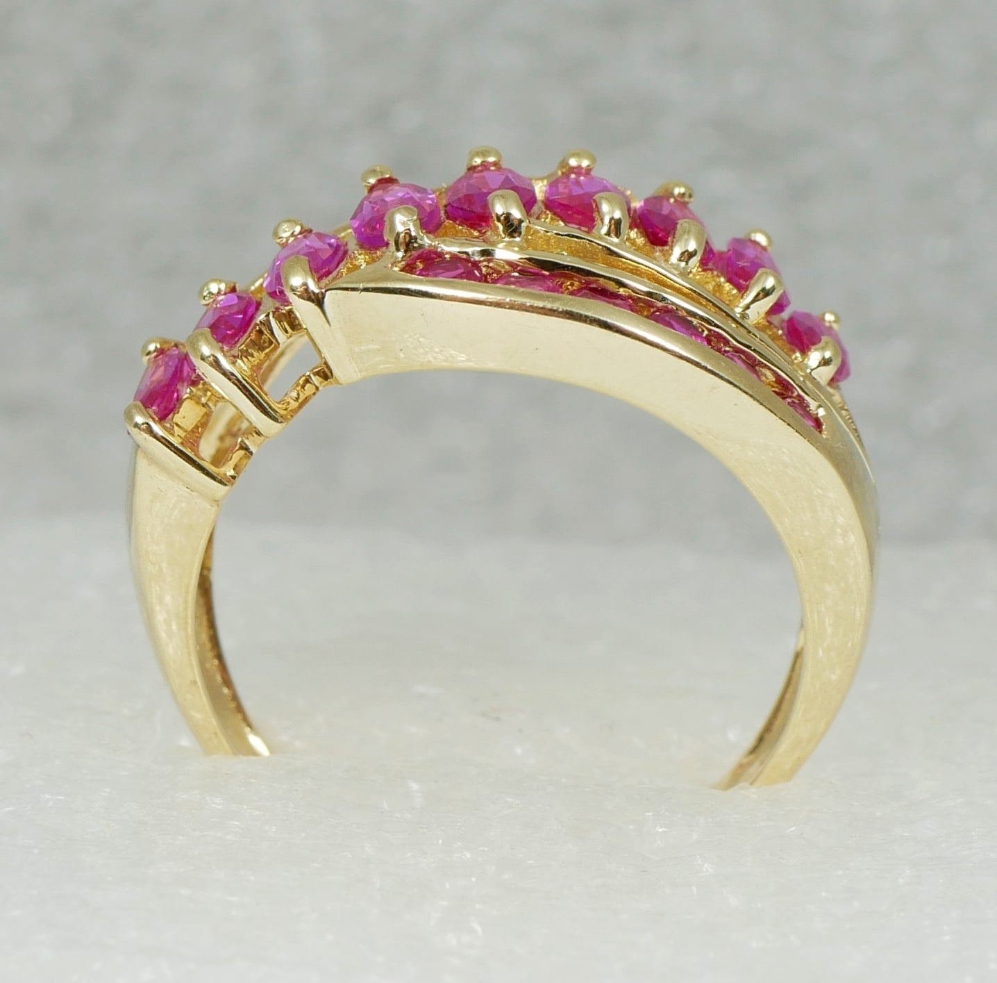Solid 9ct Yellow Gold Pink Sapphire Cluster Crossover Dress Ring Size 7.5 O 55