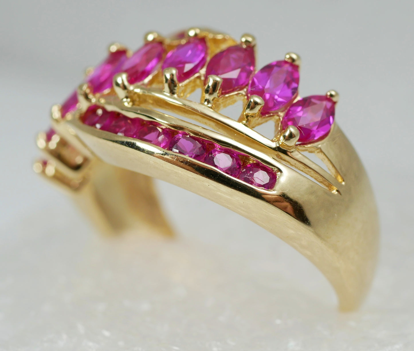 Solid 9ct Yellow Gold Pink Sapphire Cluster Crossover Dress Ring Size 7.5 O 55