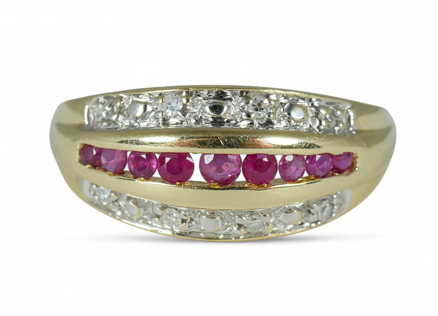 Solid 14ct Yellow Gold Channel Set Ruby & Diamond Cluster Dress Ring Size 7 N 54