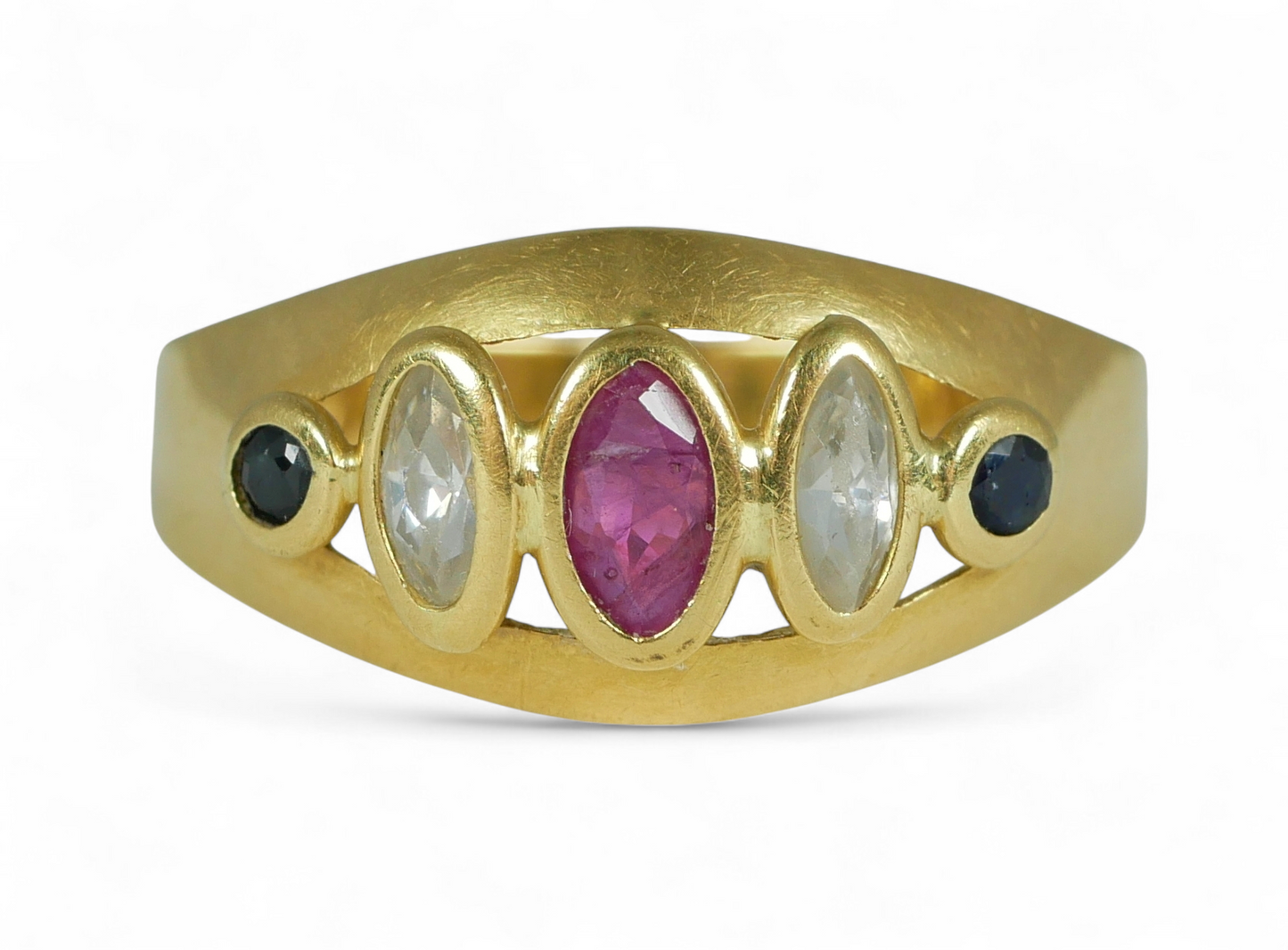 Solid 18ct Yellow Gold Marquise Ruby & Sapphire 5 Stone Dress Ring Size 7.5 O 55