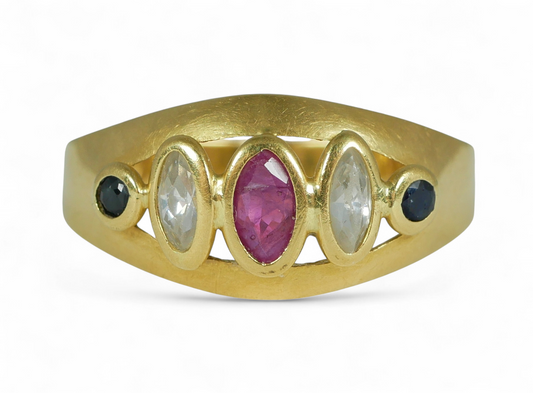 Solid 18ct Yellow Gold Marquise Ruby & Sapphire 5 Stone Dress Ring Size 7.5 O 55