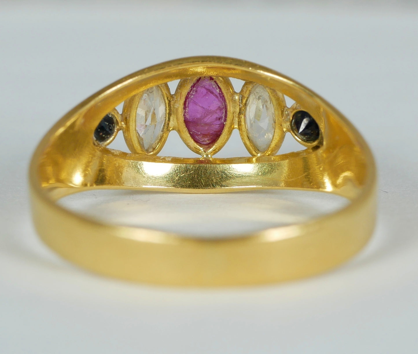 Solid 18ct Yellow Gold Marquise Ruby & Sapphire 5 Stone Dress Ring Size 7.5 O 55