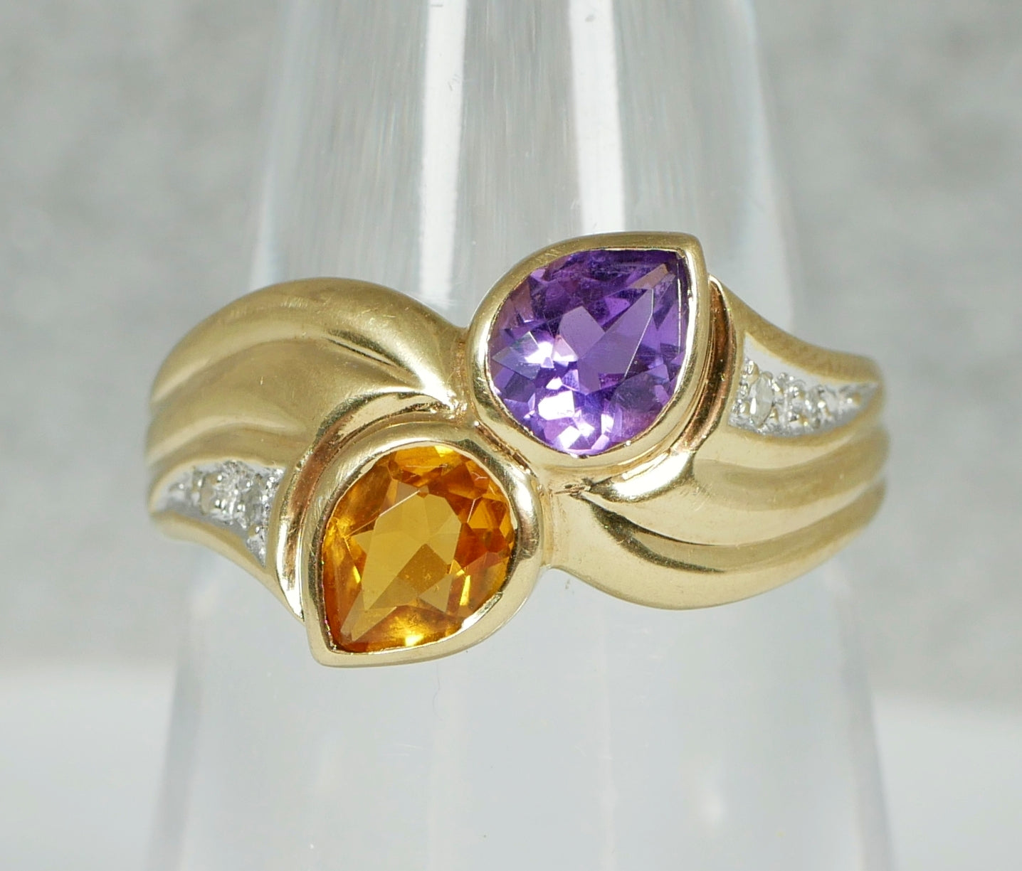 Solid 9ct Yellow Gold Amethyst Citrine Diamond Toi et Moi Dress Ring Size 7 N 54