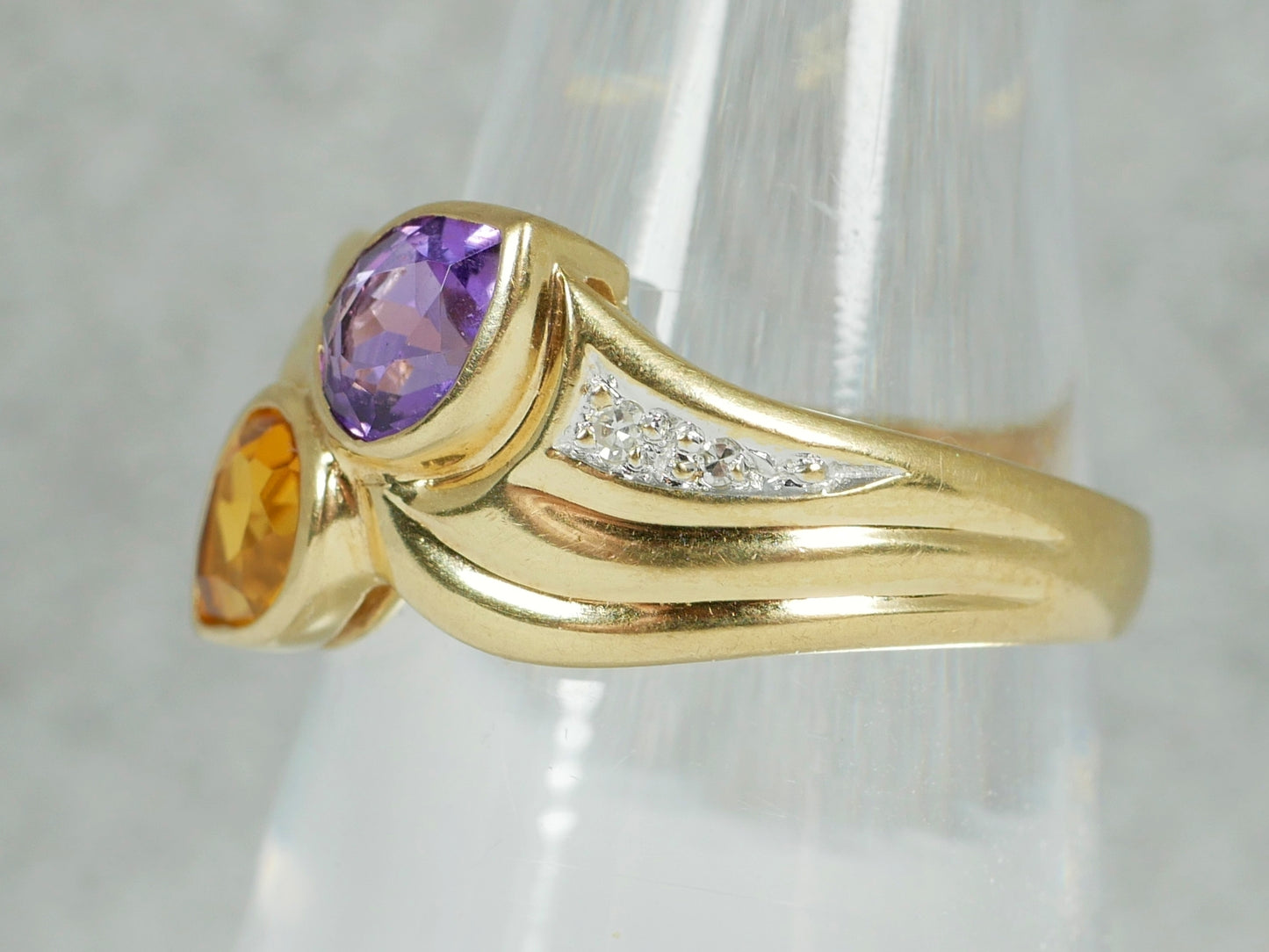 Solid 9ct Yellow Gold Amethyst Citrine Diamond Toi et Moi Dress Ring Size 7 N 54